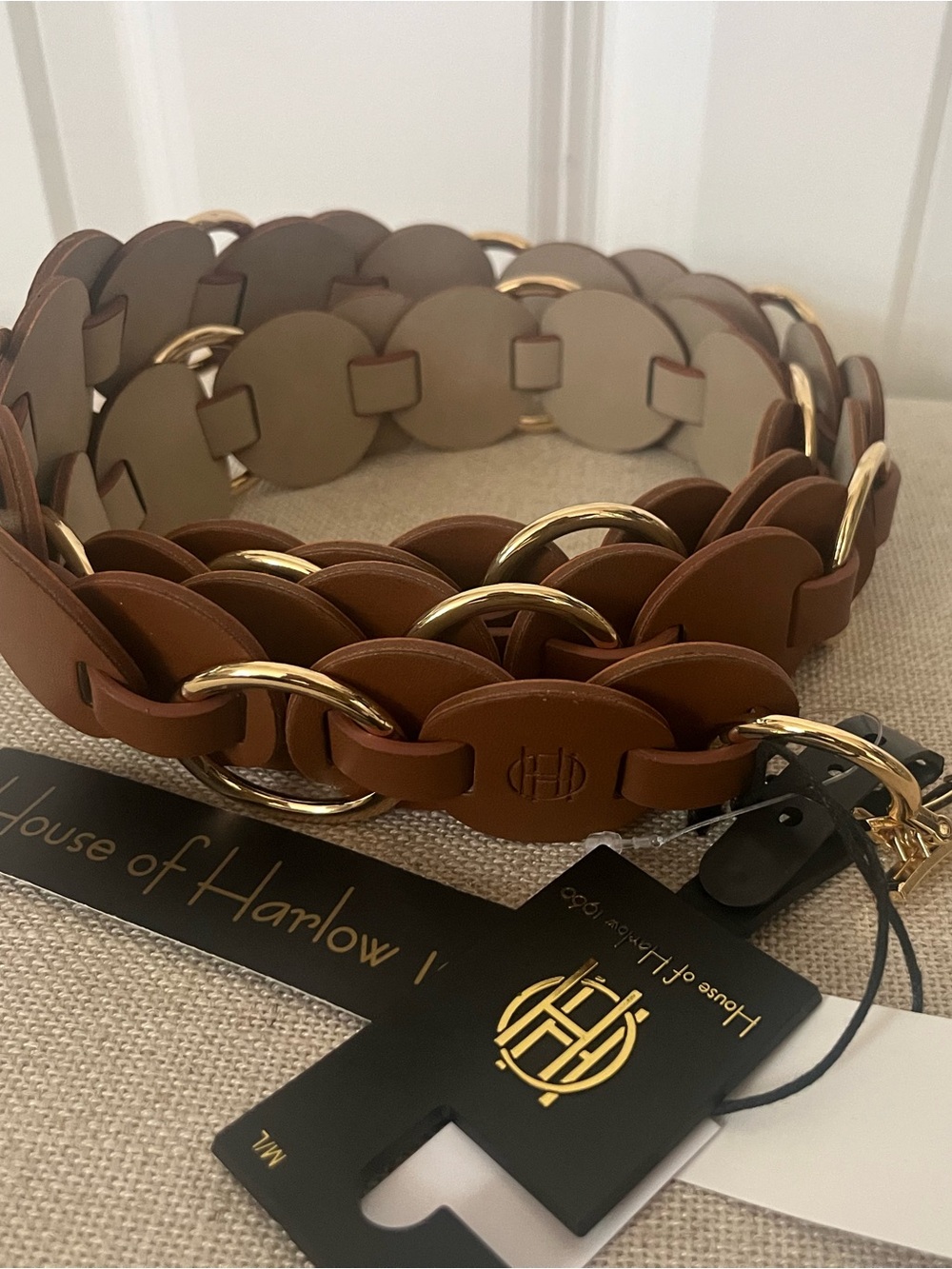 NWT House of Harlow 1960 Brown Leather Chain-Link Belt with Gold Rings- Med/Lrg